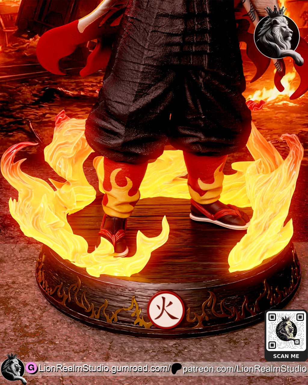 Sculptor's render (kit ships unpainted): close-up of the base with its wood-grain top, gold flame band and round fire-symbol emblem, the flames and the patterned leg wraps