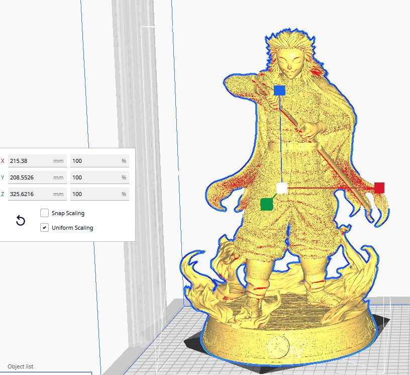Studio scale image (kit ships unpainted): the studio's slicer view of the assembled full figure on its fire ring base at 100% scale, with its width, depth and height readout
