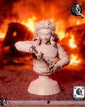 Sculptor's render of the painted design (kit ships unpainted): unpainted view of the bust cut at the ribs, the grinning swordsman with his spiked mane drawing the sword across his chest, on a round cracked-stone pedestal