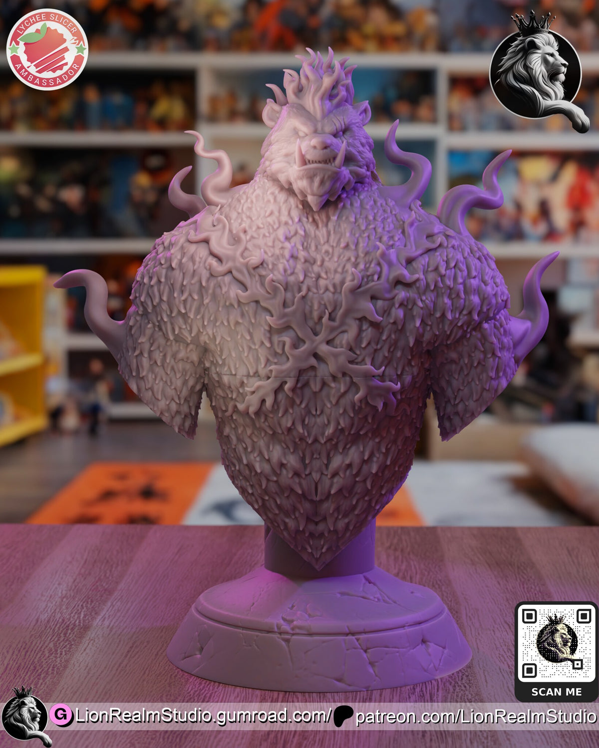 Sculptor's render of the design, shown unpainted in gray (kit ships unpainted): the bear warrior bust with the flame crest, shoulder flames and the flame X across the chest, on its round cracked-stone pedestal
