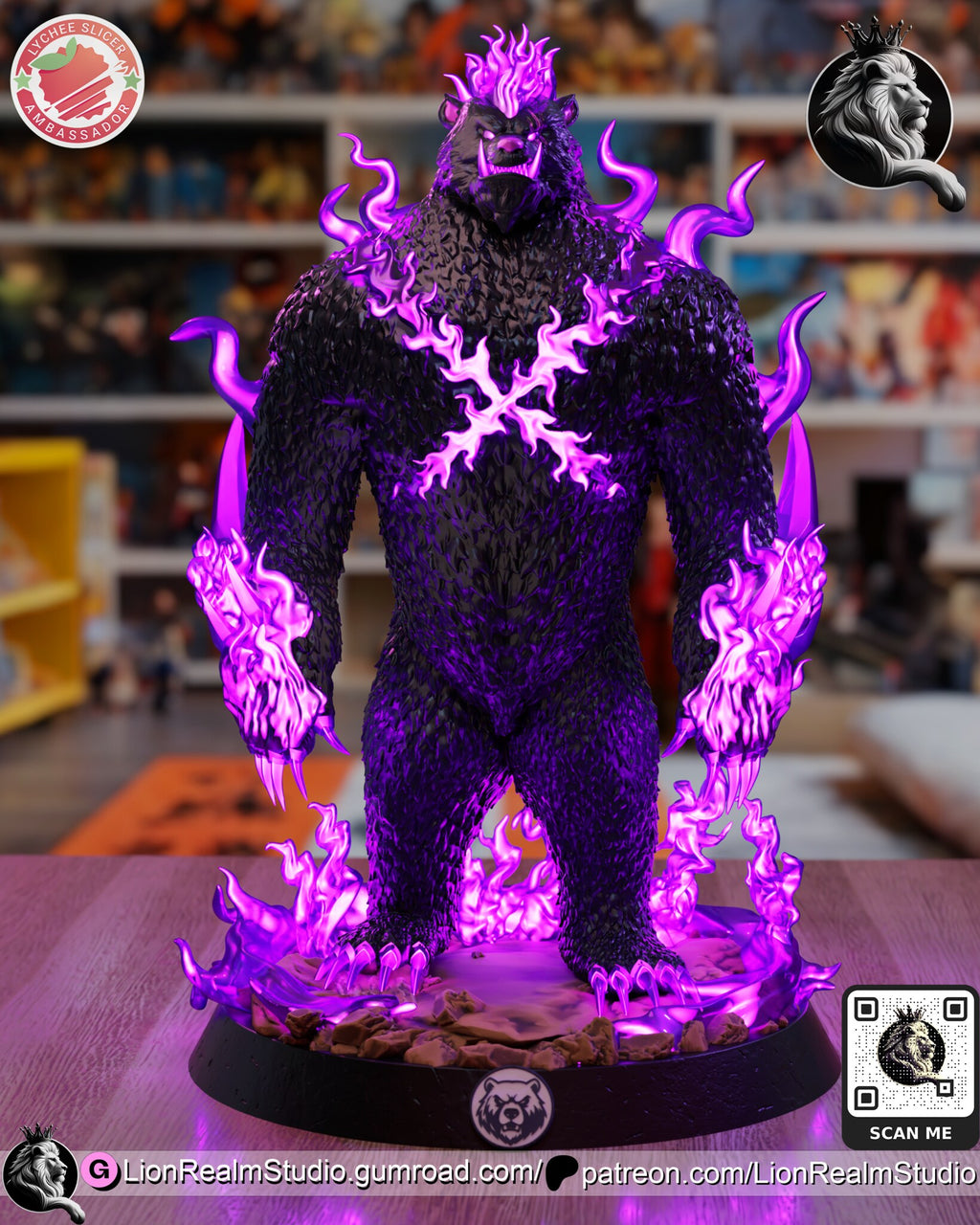 Sculptor's render of the painted design (kit ships unpainted): full front view of the standing black bear wreathed in glowing magenta flames, a flame X across his chest, on a round black plinth with a bear-head emblem
