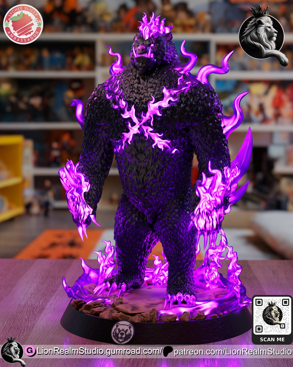 Sculptor's render (kit ships unpainted): three-quarter view from his left, curved violet blades behind the elbow and flames rising around his feet