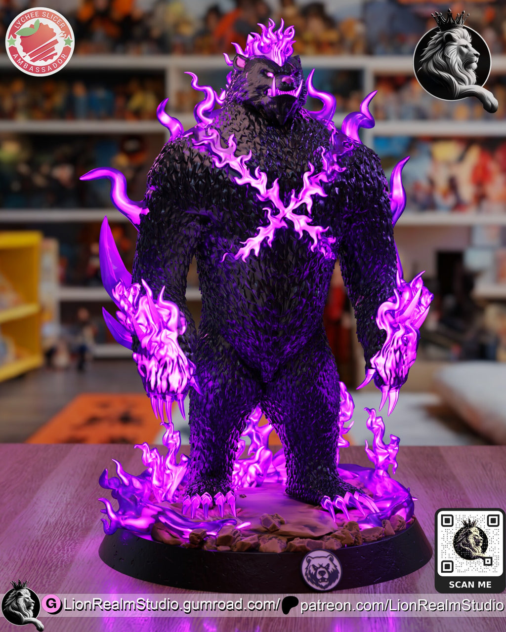 Sculptor's render (kit ships unpainted): three-quarter view from his right, fists hanging low in magenta flame