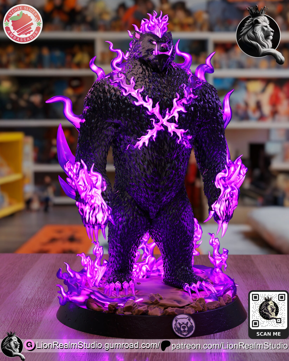 Sculptor's render (kit ships unpainted): three-quarter view from his right, fists hanging low in magenta flame