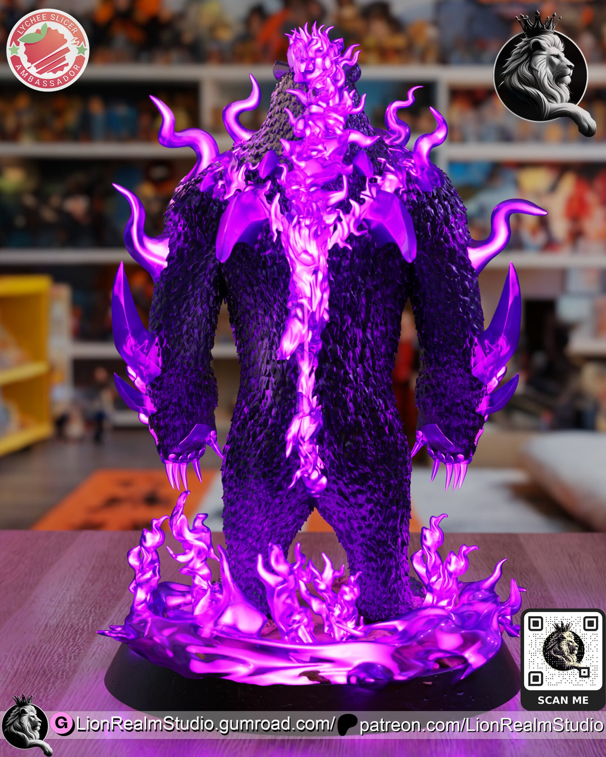 Sculptor's render (kit ships unpainted): rear view with a ridge of flame down the spine and a ring of flame around the back of the base