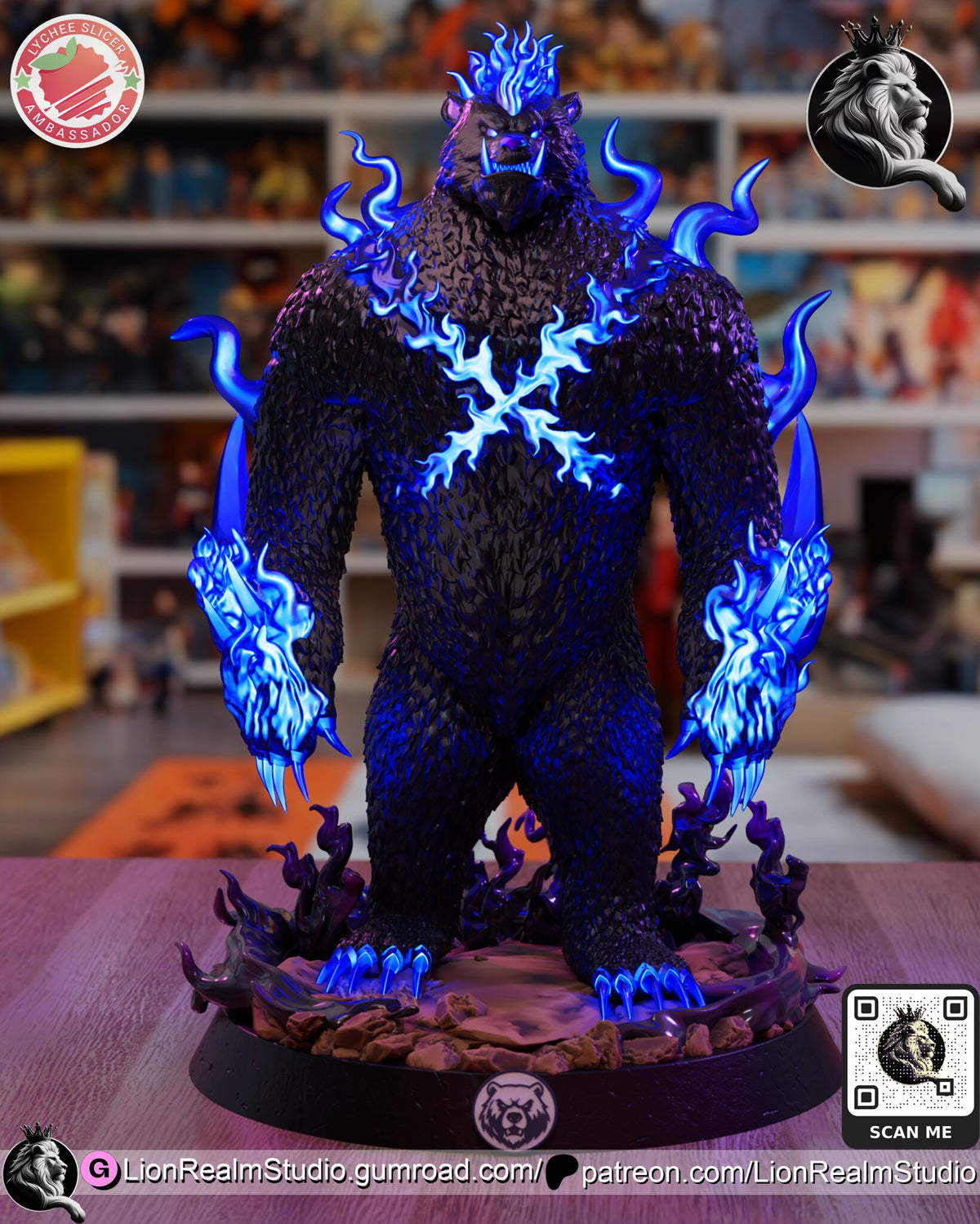 Sculptor's render (kit ships unpainted): full front view painted in an electric-blue version, the flames at his feet left dark