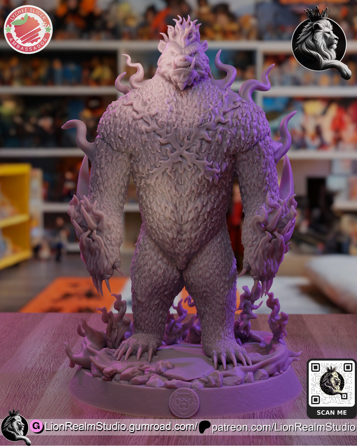 Sculptor's render (kit ships unpainted): unpainted gray view of the full figure, showing the sculpted fur tufts and the raised flame X