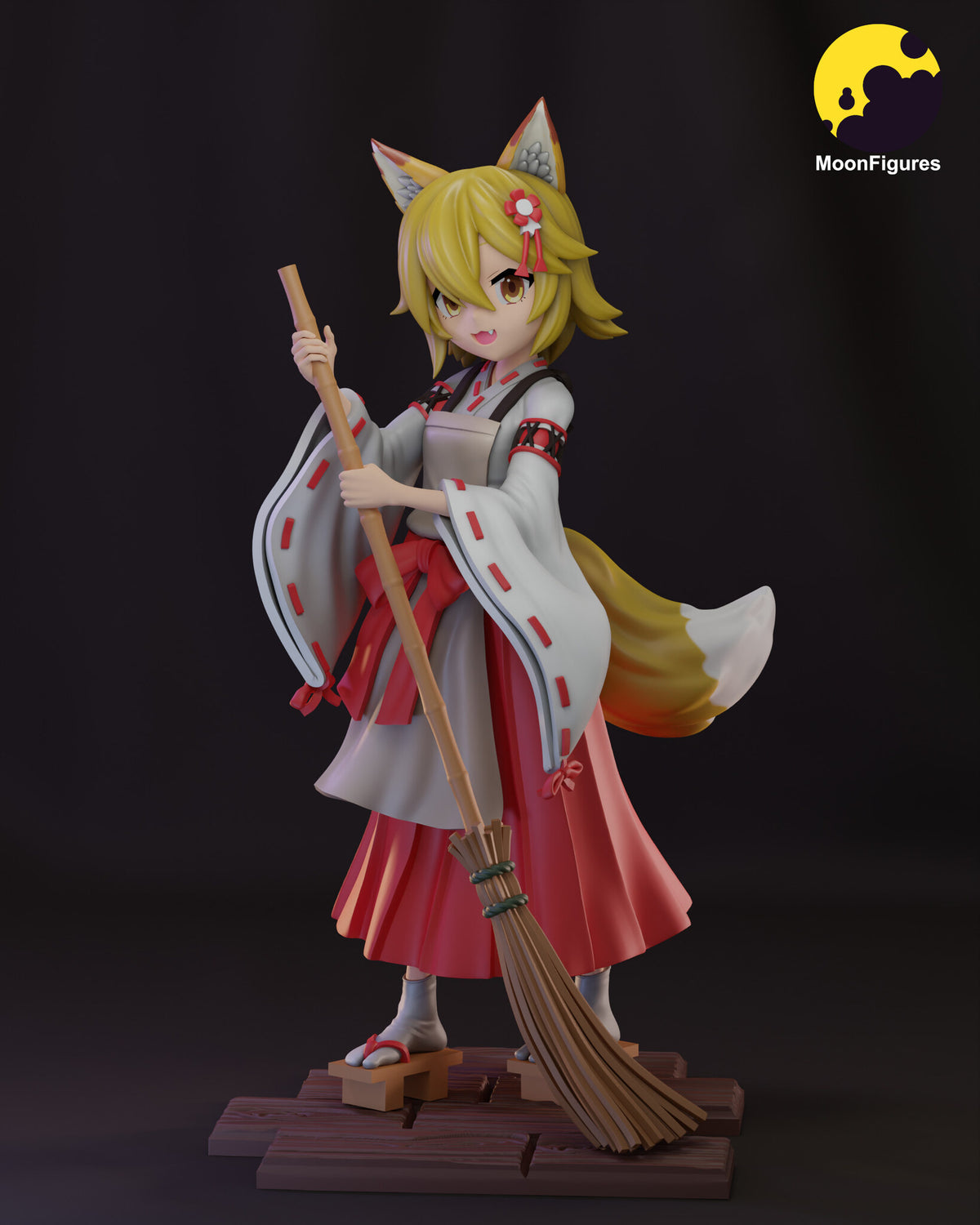 Sculptor's render of the painted design (kit ships unpainted): front three-quarter view of the fox-eared shrine maiden holding a bamboo broom on the plank floor base