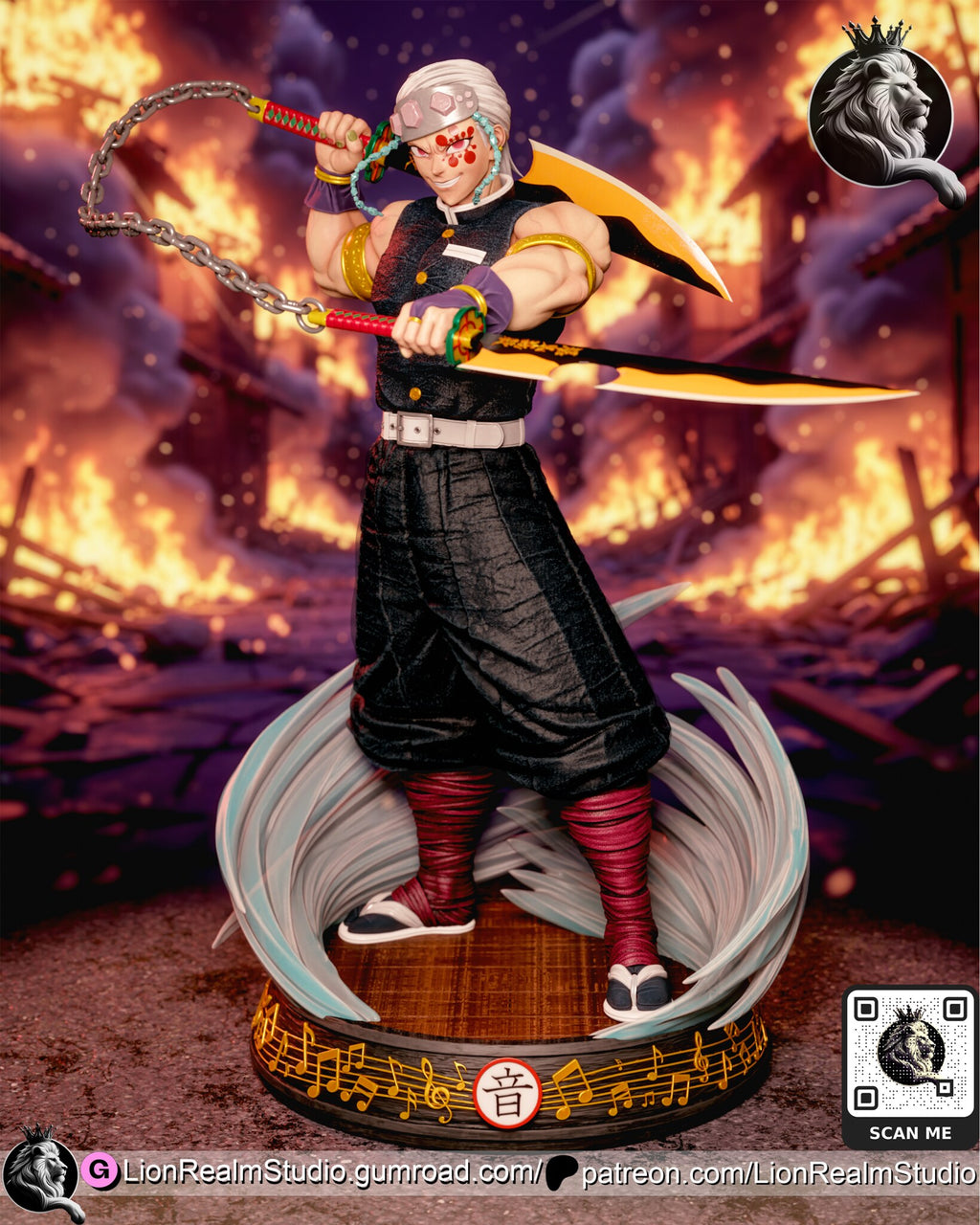 Sculptor's render of the painted design (kit ships unpainted): full front view of the white-haired warrior with the marked face, one cleaver raised behind his head and the other held level, a chain looping between them, on the round base ringed with gold music notes