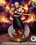 Sculptor's render of the painted design (kit ships unpainted): full front view of the white-haired warrior with the marked face, one cleaver raised behind his head and the other held level, a chain looping between them, on the round base ringed with gold music notes