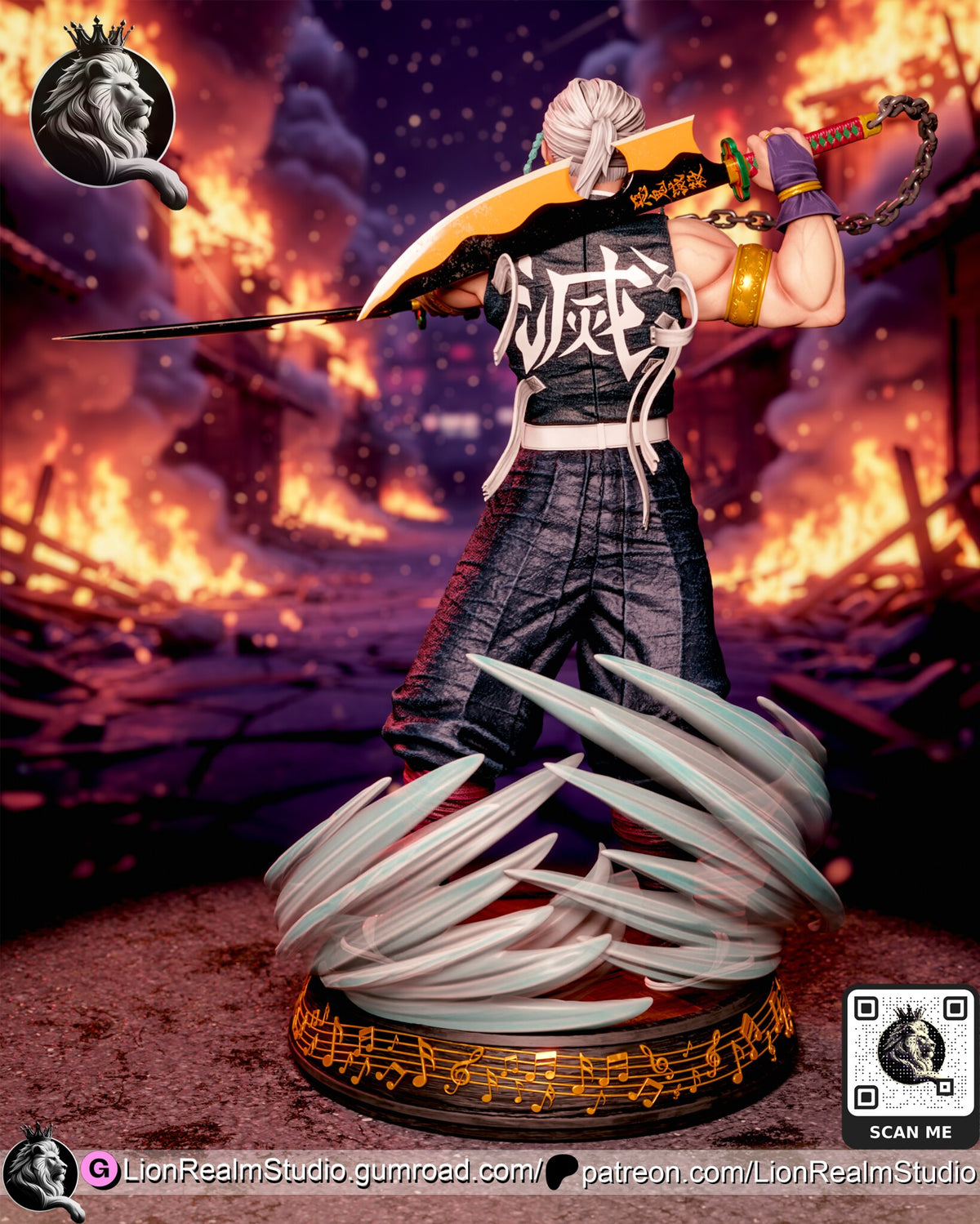Sculptor's render (kit ships unpainted): rear view of the black top with its white back lettering and cords, and the streaks fanning out behind his legs