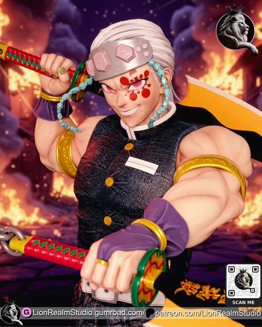 Sculptor's render (kit ships unpainted): close-up of the marked face with red circles around one eye, under the gem-studded forehead band