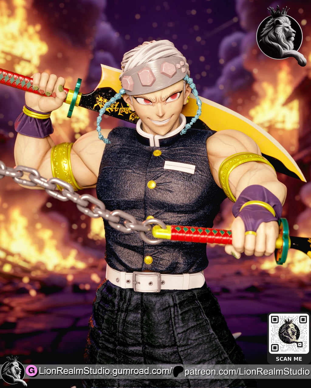 Sculptor's render (kit ships unpainted): waist-up view with the chain in the foreground and the broad blade behind his head