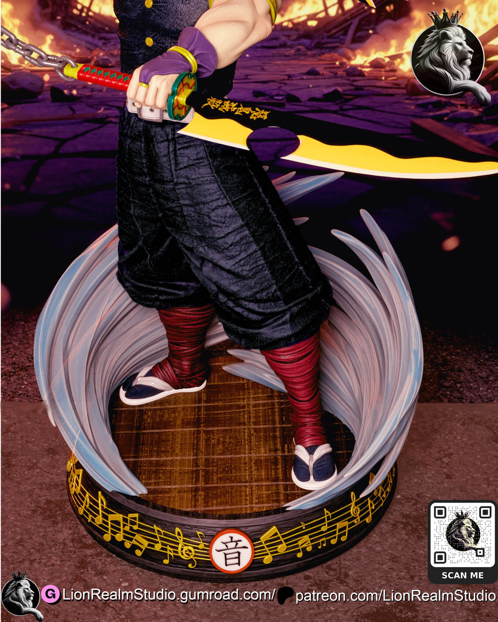 Sculptor's render (kit ships unpainted): close-up of the red leg wrappings and sandals on the wooden base top, with the gold music-note band and medallion