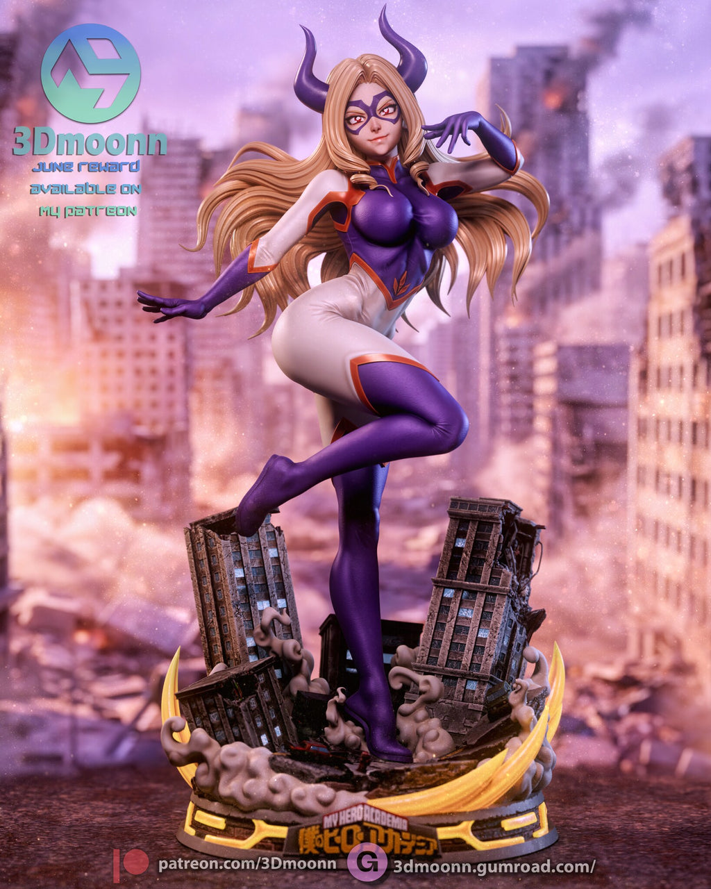 Sculptor's render of the painted design (kit ships unpainted): full front three-quarter view of the masked superheroine on one leg among toppled buildings on the round base