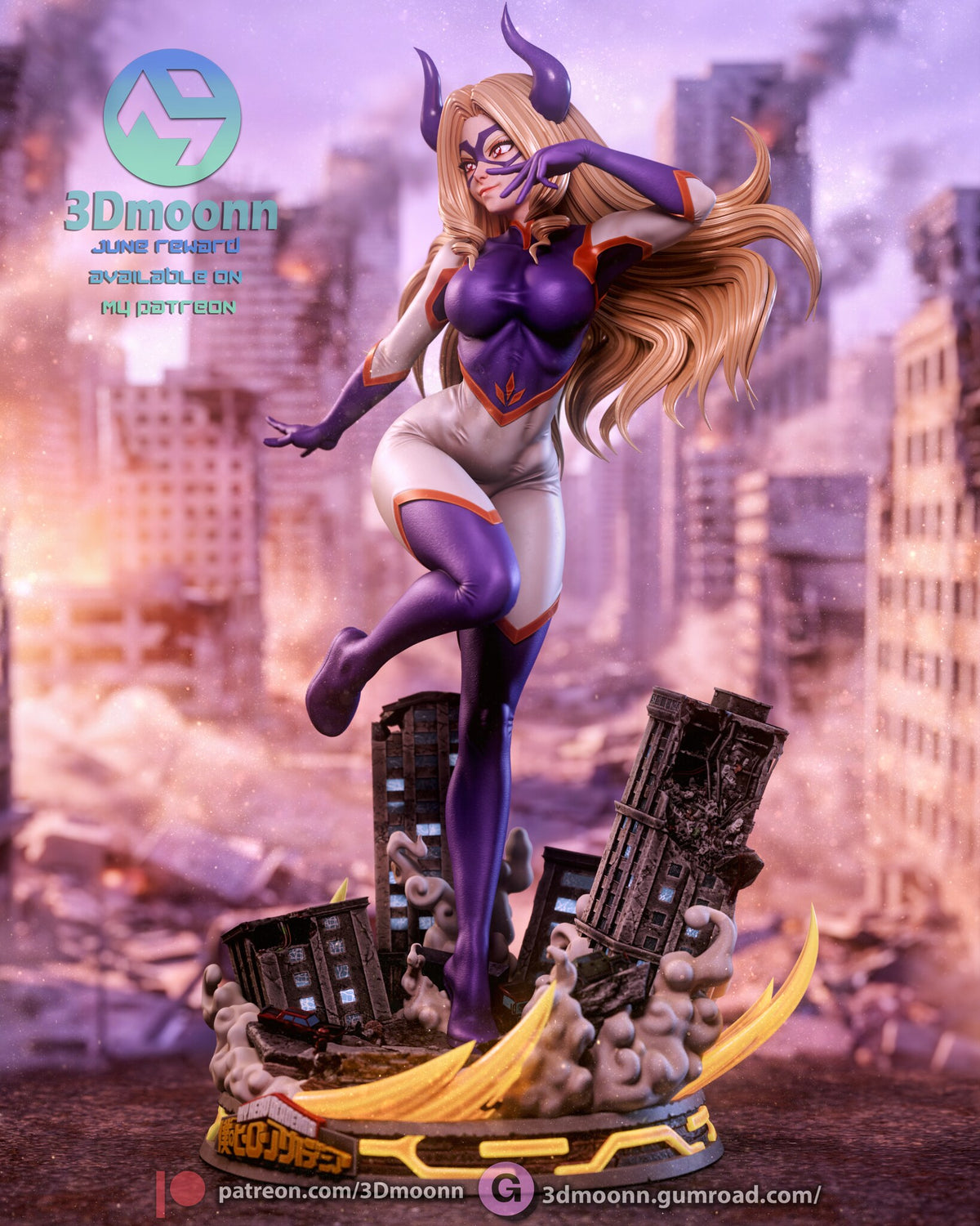 Sculptor's render (kit ships unpainted): front three-quarter view from her left, with the small red car in the rubble