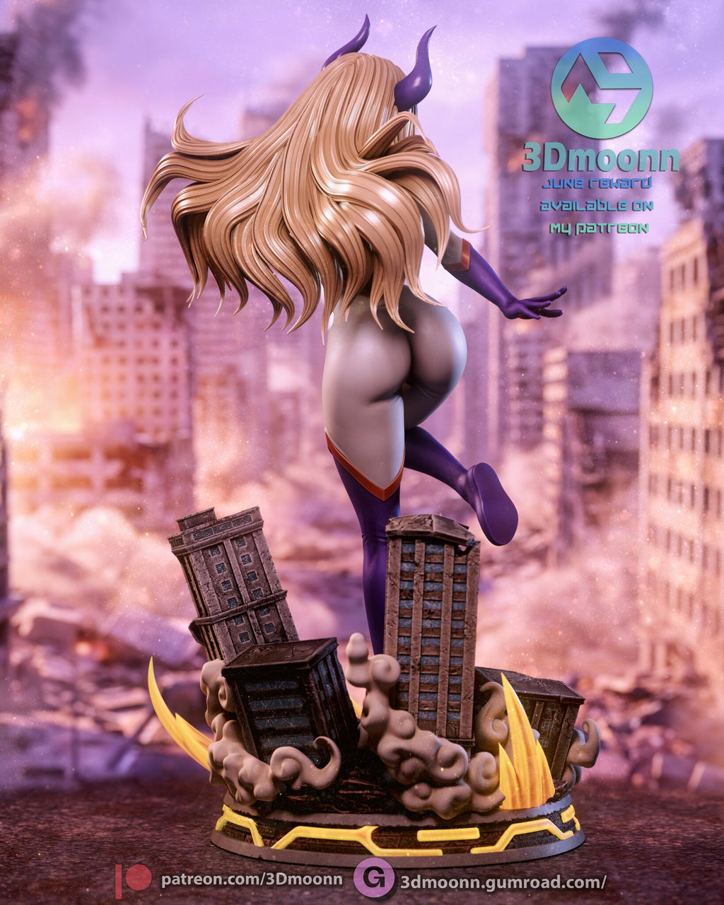 Sculptor's render (kit ships unpainted): rear view showing the long blonde hair and the buildings from behind