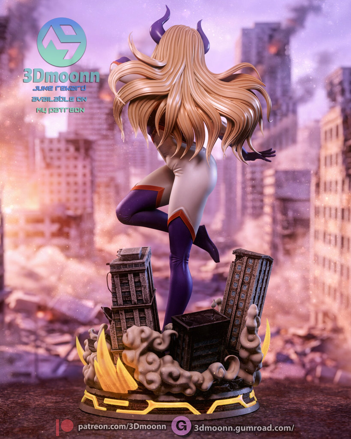 Sculptor's render (kit ships unpainted): rear three-quarter view with the hair fanned out and one boot raised behind her