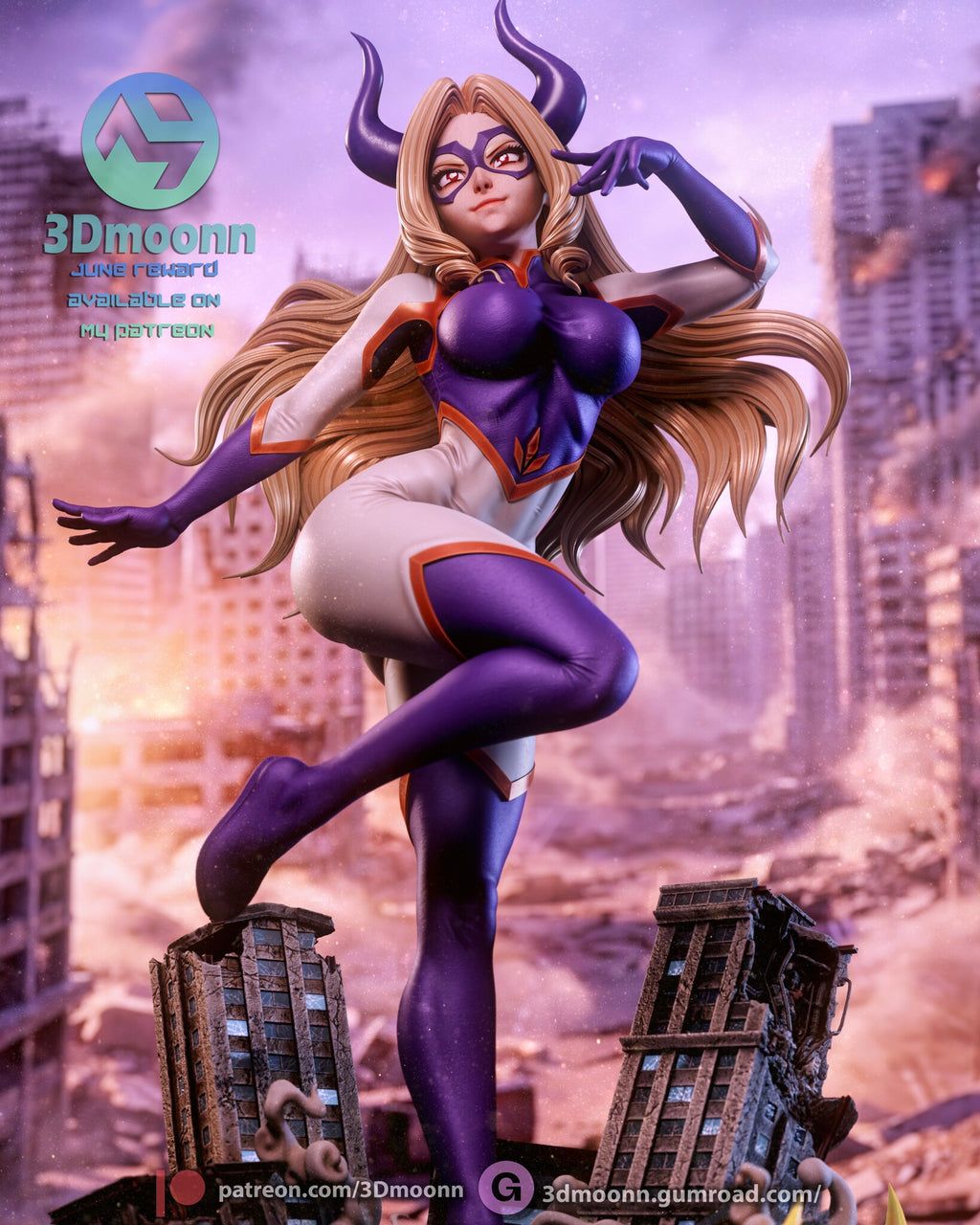 Sculptor's render (kit ships unpainted): low-angle view from the boots up, with ruined tower tops below her