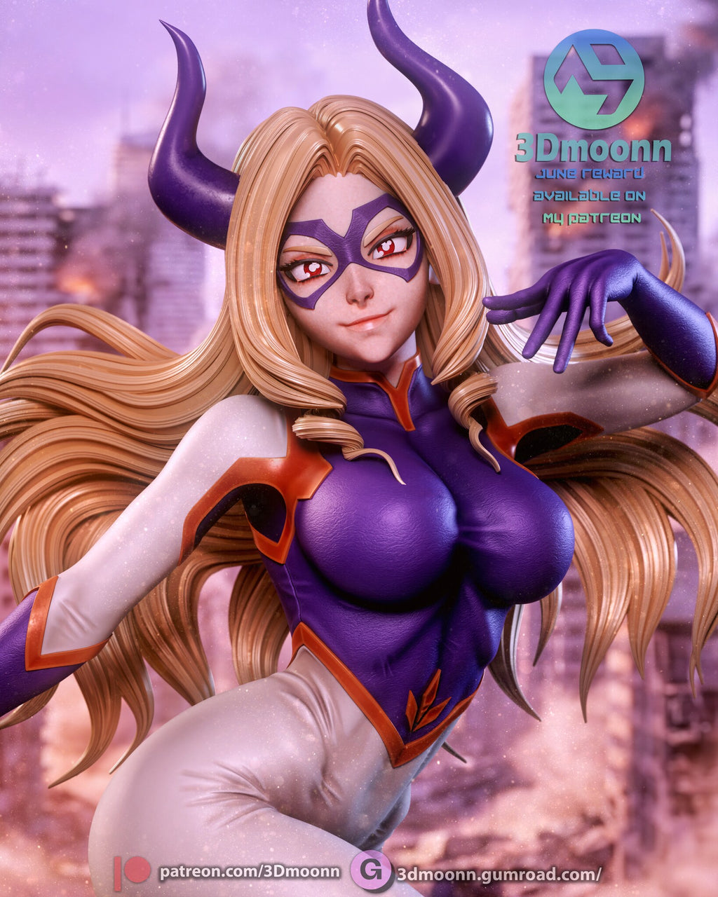 Sculptor's render (kit ships unpainted): close-up of the masked face, horns and purple bodice, one gloved hand beside her cheek