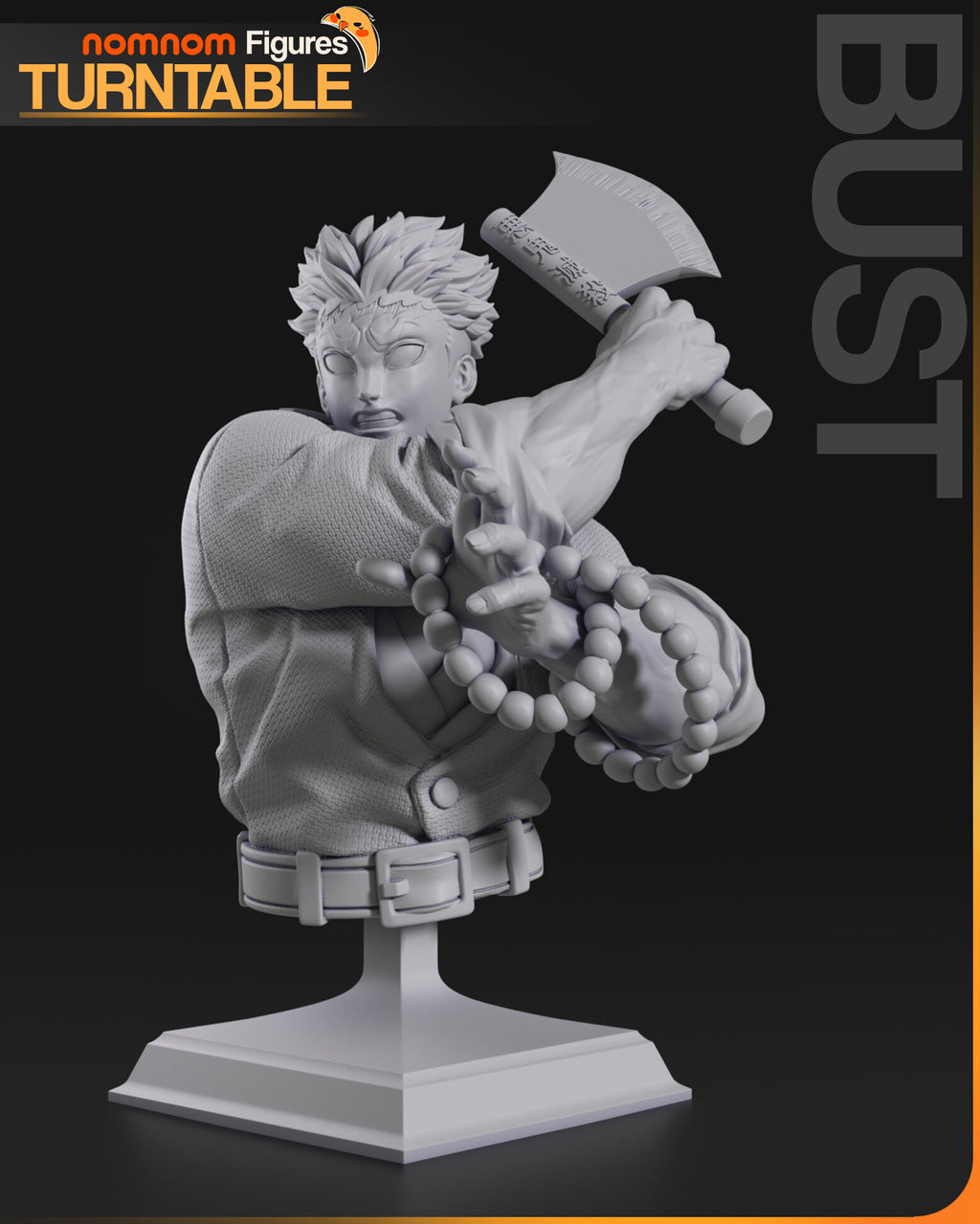 Sculptor's render of the design, shown in gray (kit ships unpainted): the bust on its stepped square plinth, the hand axe raised and prayer beads hanging from the open hand