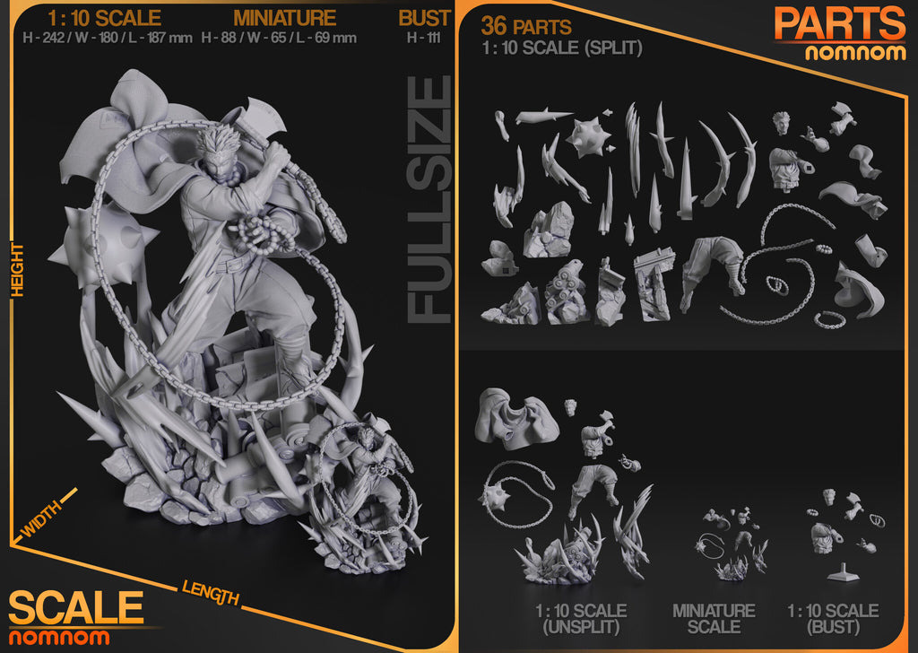 Studio scale and parts sheet (kit ships unpainted): the small statue in front of the large one is the miniature (this listing), 88 mm tall, 65 mm wide and 69 mm long; its parts are shown bottom center under 'Miniature scale'