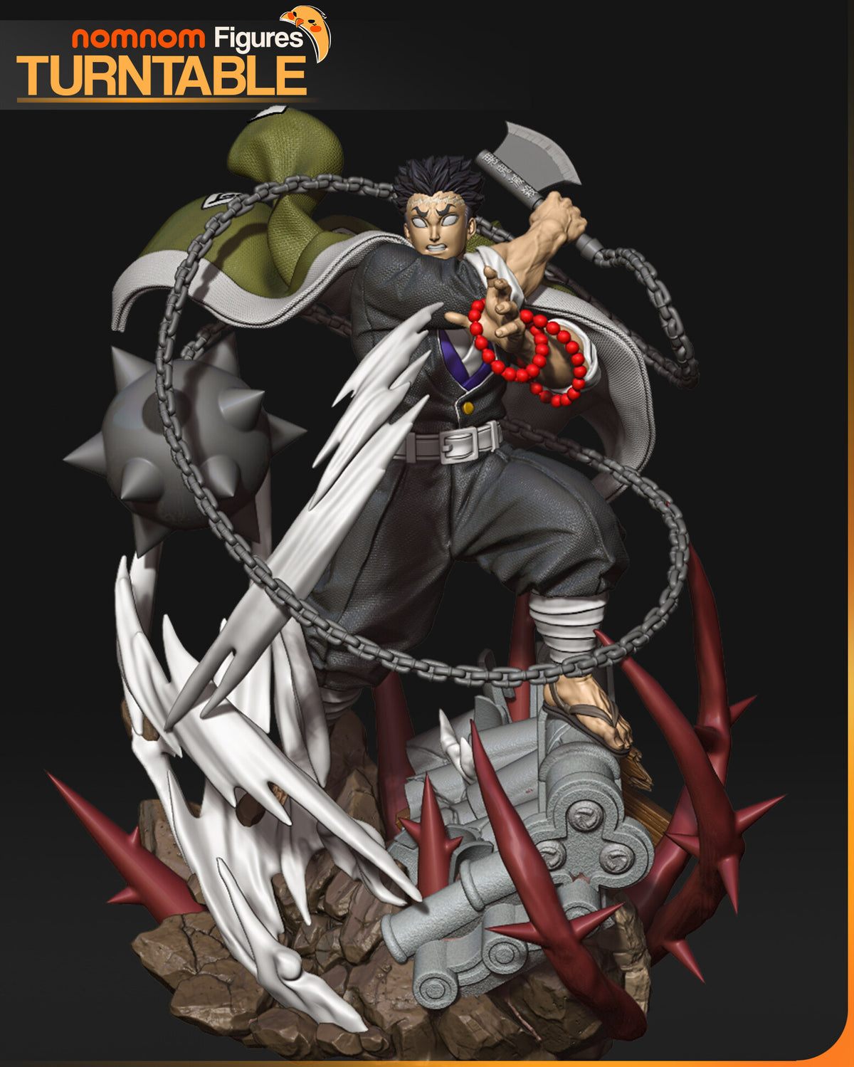 Sculptor's render of the painted design (kit ships unpainted): front three-quarter view of the warrior monk with his axe raised and prayer beads in his open hand, the chain and spiked ball looping around him above the thorn base; the miniature is the same sculpt at 88 mm tall