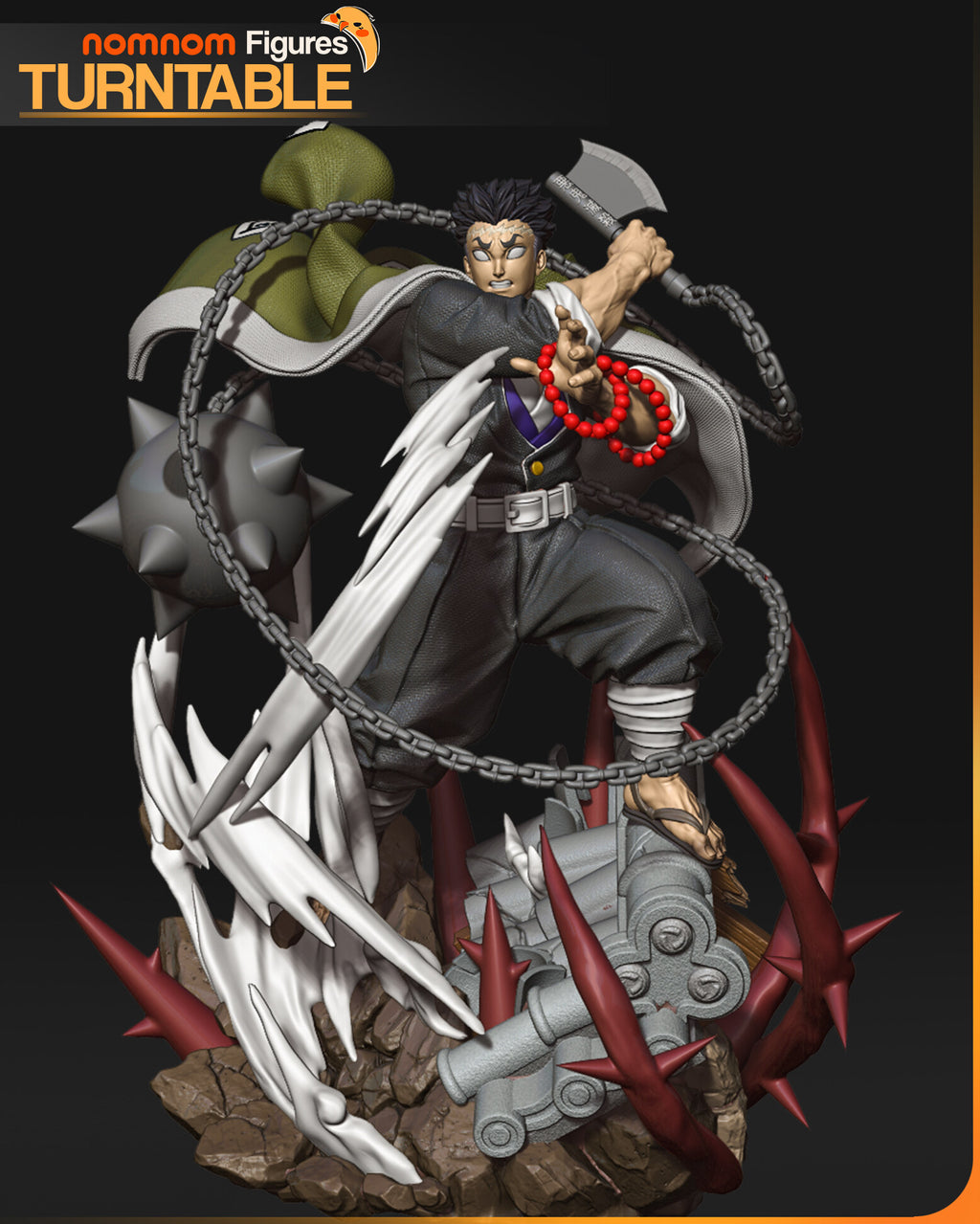 Sculptor's render of the painted design (kit ships unpainted): front three-quarter view of the 1:10 statue, the warrior monk with his axe raised and prayer beads in his open hand, the chain and spiked ball looping around him above the rubble and thorn base