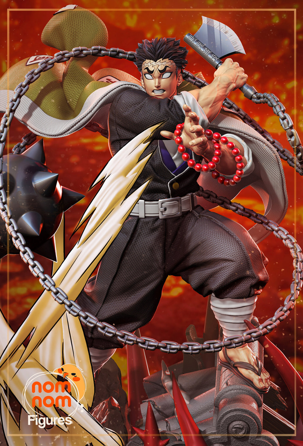 Sculptor's render (kit ships unpainted): painted close view from the front with the axe overhead, the red prayer beads and the spiked ball, on a red background