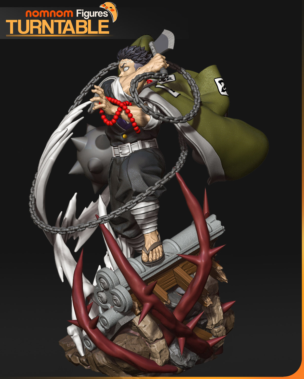 Sculptor's render (kit ships unpainted): view from the open-hand side showing a sleeve patch, the sandal on the gray roof tiles and the crimson thorns