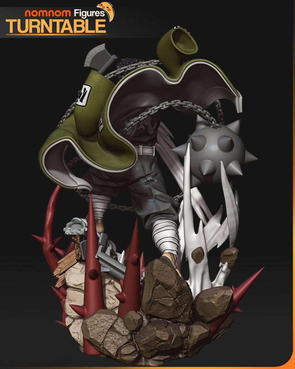 Sculptor's render (kit ships unpainted): rear view of the olive and white haori spread over the dark uniform, and the back of the rubble base