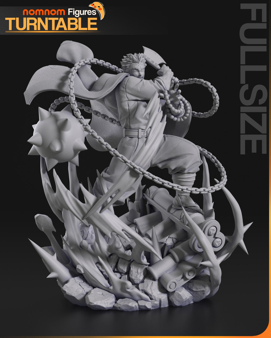 Sculptor's render (kit ships unpainted): gray view from the flail side, the chain arcing back to the raised axe