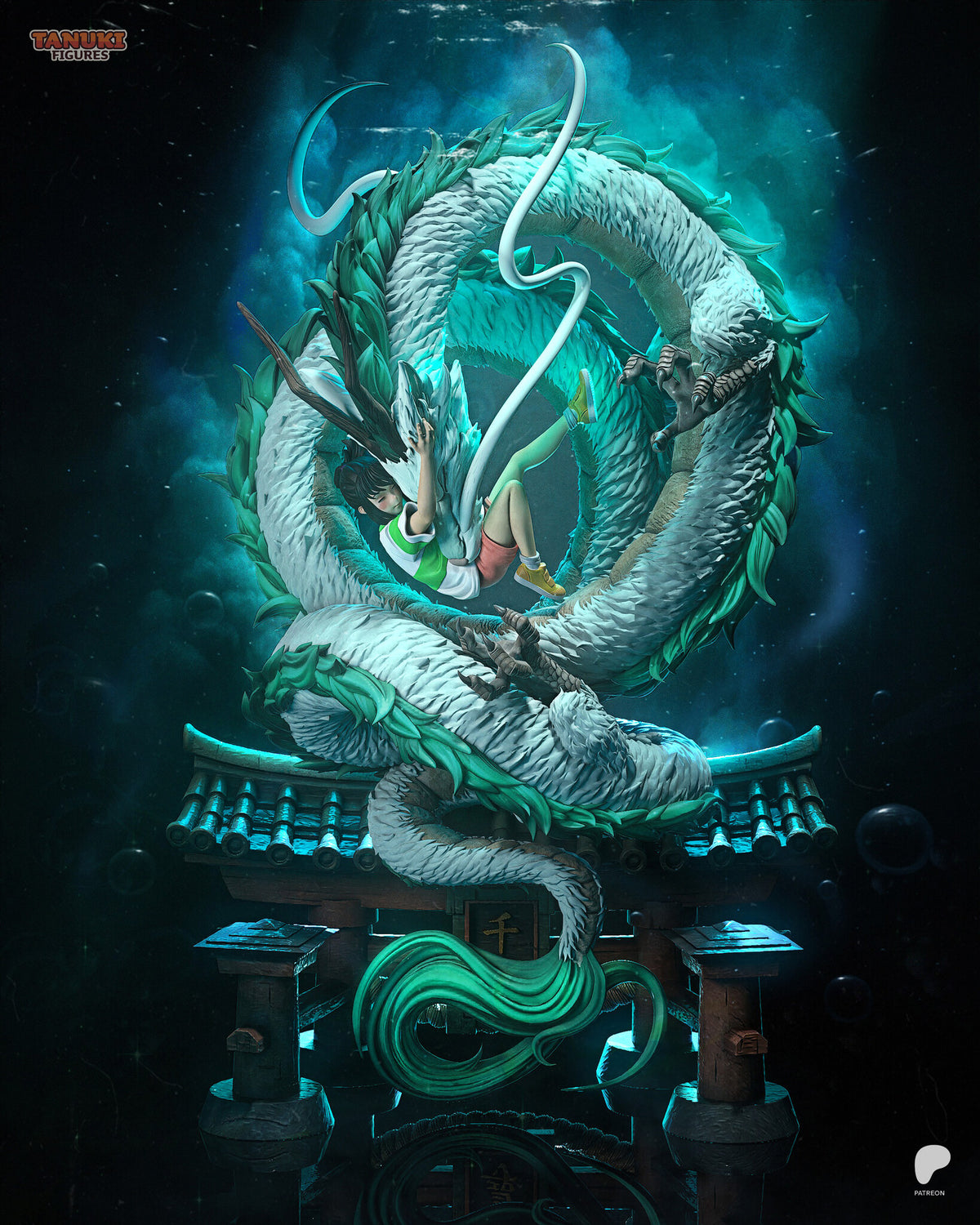 Sculptor's render of the painted design (kit ships unpainted): full diorama from the front, the girl hugging the dragon's head inside its coil above the tiled shrine gate