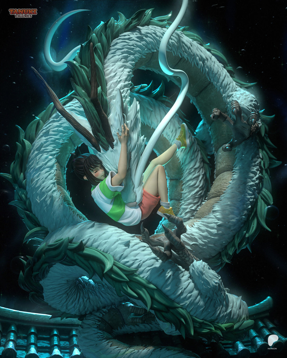 Sculptor's render (kit ships unpainted): three-quarter view of the coiled dragon ring with its green mane and whiskers