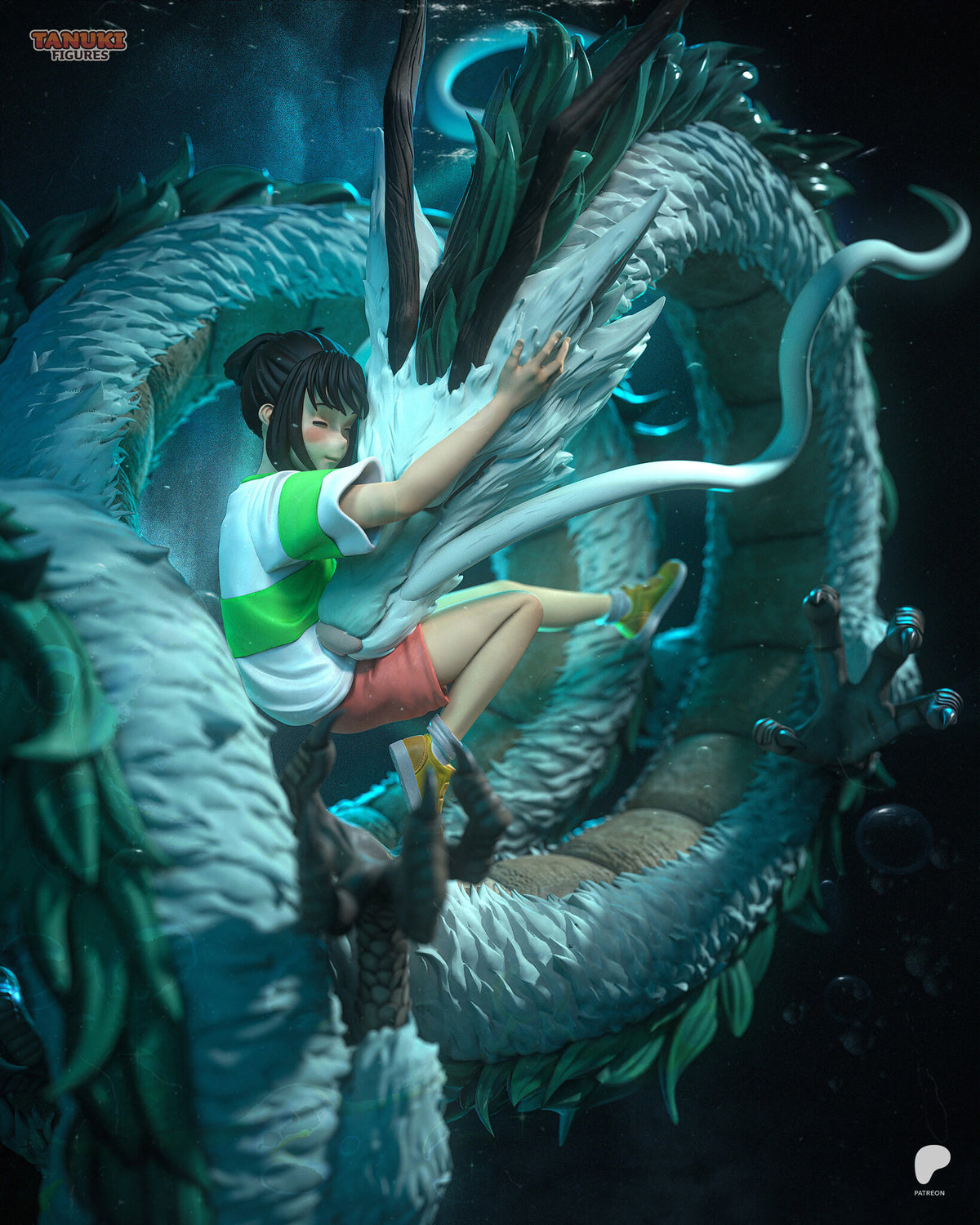 Sculptor's render (kit ships unpainted): side view of the girl hugging the dragon's head, its brown horns rising above her