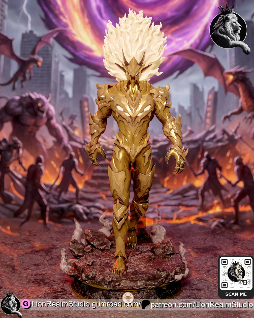 Sculptor's render of the painted design (kit ships unpainted): full front view of the helmeted build in spiky gold armor under a white flame mane, walking forward on the round rock-and-smoke base