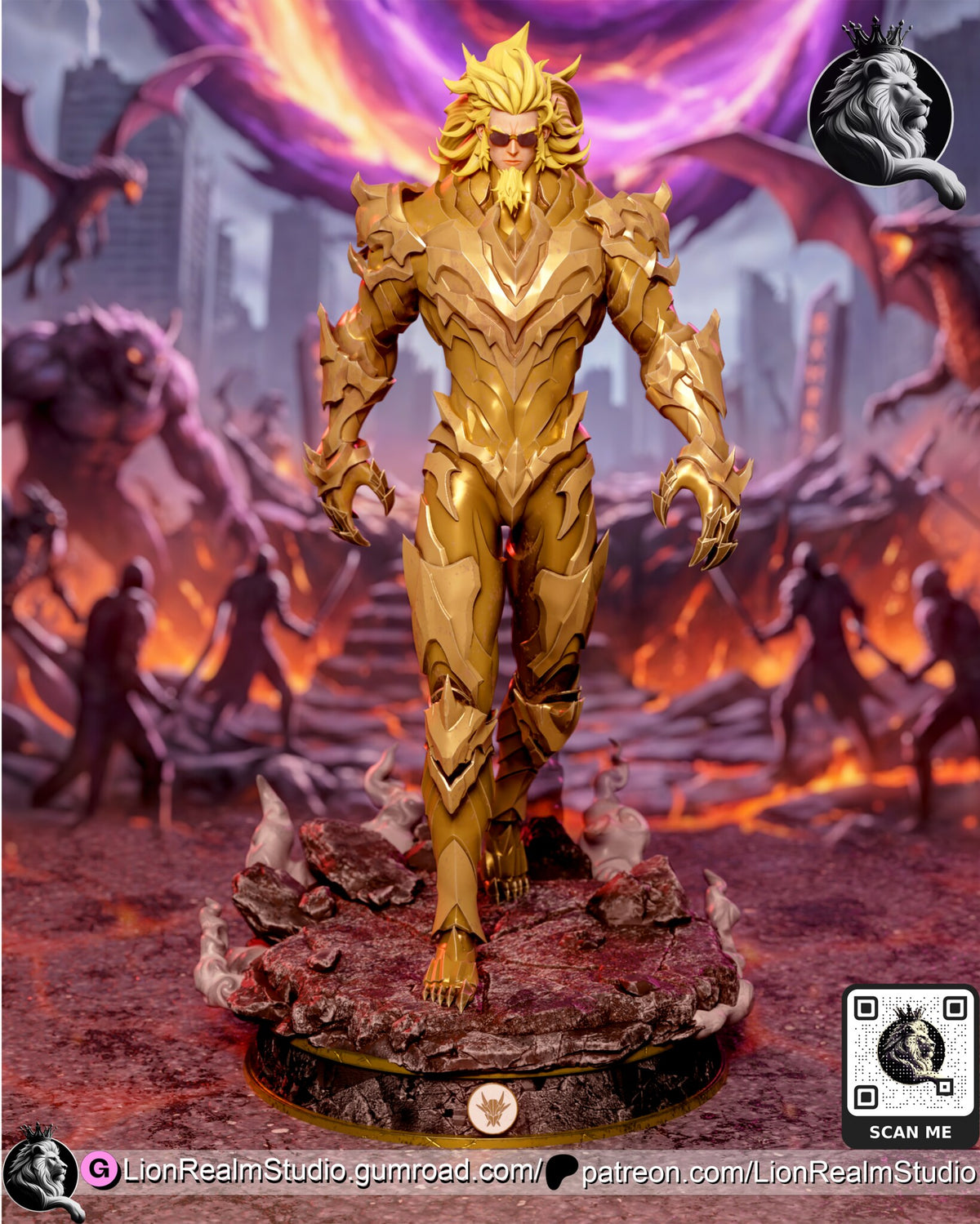 Sculptor's render (kit ships unpainted): full front view of the unmasked build with long yellow hair, a goatee and dark sunglasses
