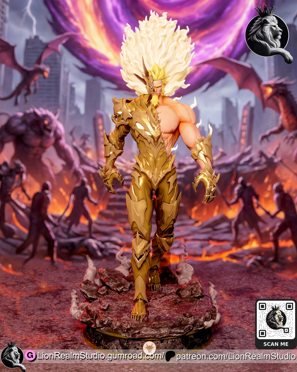 Sculptor's render (kit ships unpainted): full front view of the battle-damaged build, armor broken away from one side of the chest and arm, half the helmet gone and the flame mane behind