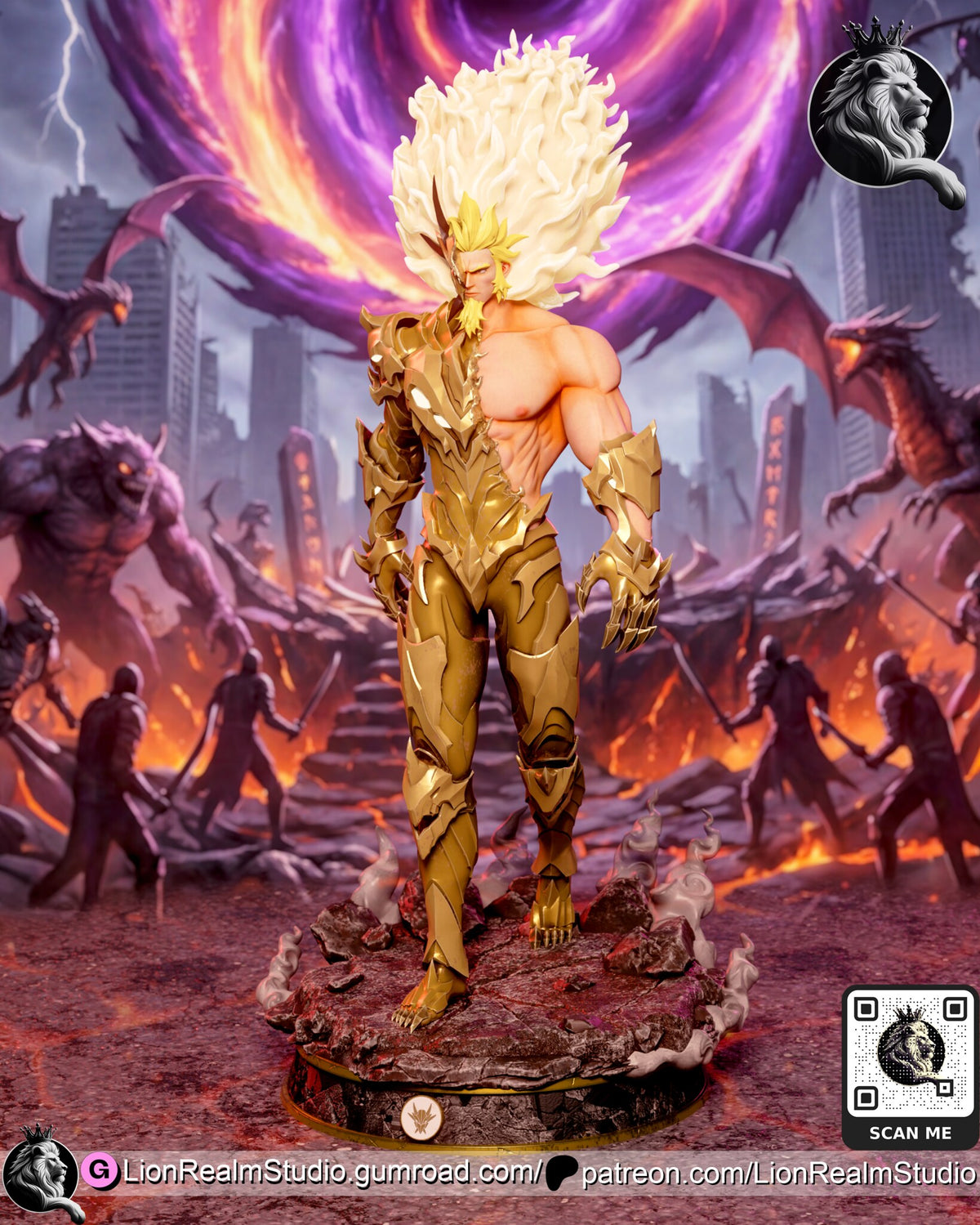 Sculptor's render (kit ships unpainted): closer view of the battle-damaged build with white flame wisps rising off the bare arm