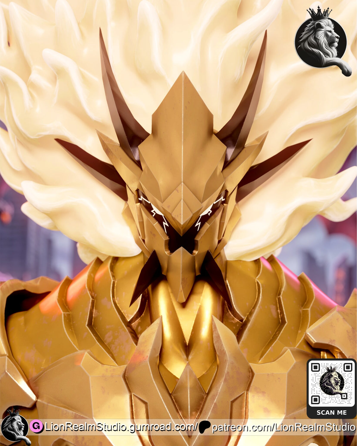 Sculptor's render (kit ships unpainted): close-up of the gold helmet with dark swept-back blades and glowing eyes, framed by the cream-white flame mane
