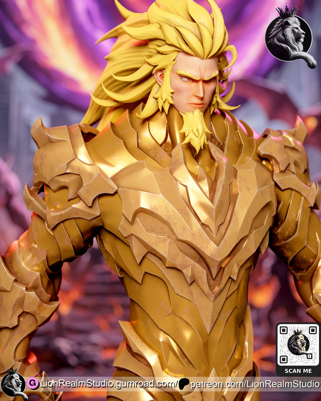 Sculptor's render (kit ships unpainted): close-up of the bare-faced head with long yellow hair, heavy brows and a pointed goatee above the layered gold chest plate