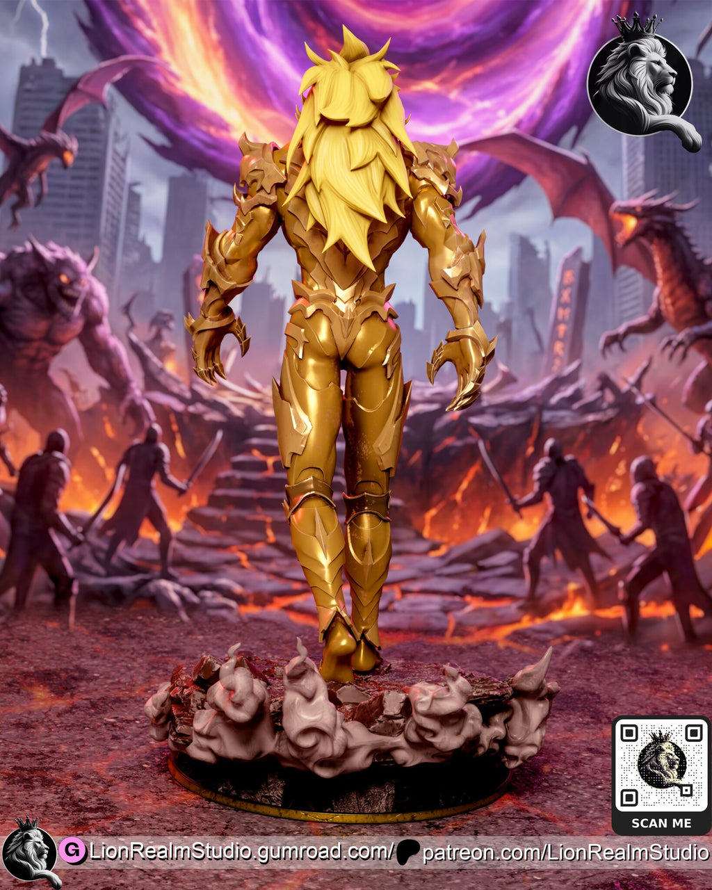 Sculptor's render (kit ships unpainted): rear view of the unmasked build, long hair down his back and smoke banked around the back of the base