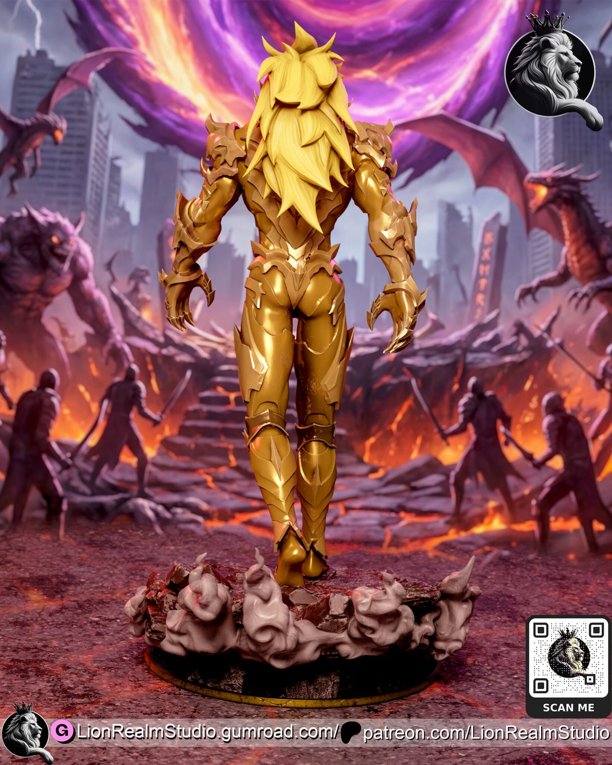 Sculptor's render (kit ships unpainted): rear view of the unmasked build, long hair down his back and smoke banked around the back of the base