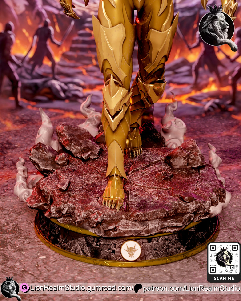 Sculptor's render (kit ships unpainted): close-up of the clawed armored feet on the cracked red rock, the smoke wisps, the gold rings and the emblem disc on the plinth