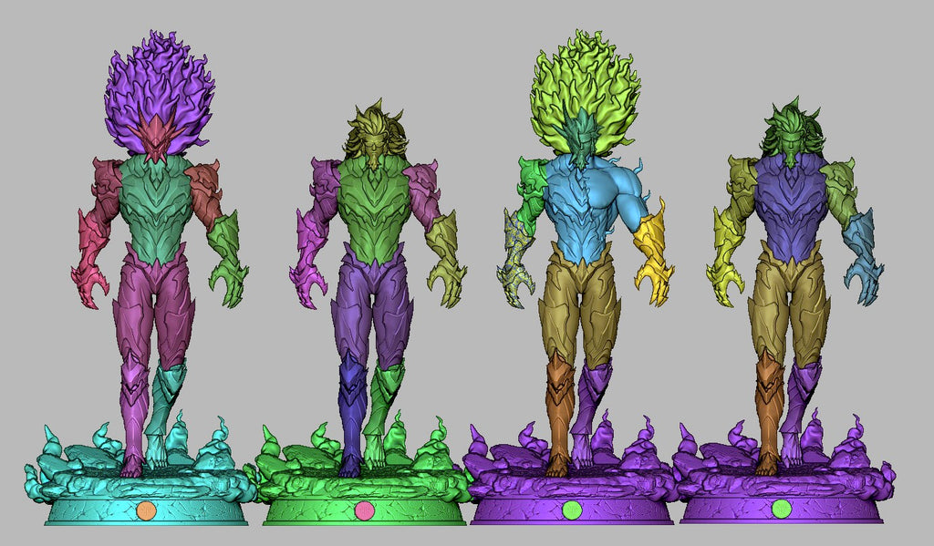 Sculptor's render (kit ships unpainted): the four builds side by side with each part in its own color, showing how the kit splits into pieces