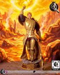 Sculptor's render of the painted design (kit ships unpainted): front view of the gold-armored knight pointing at the sun, the giant axe at his side, on the lava drum base