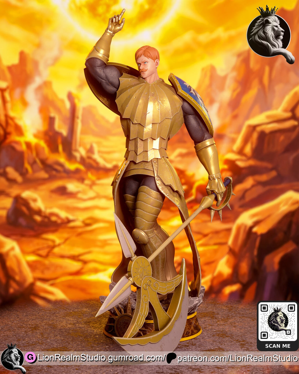 Sculptor's render (kit ships unpainted): three-quarter view from his left with the axe's crescent blade and spear point in front