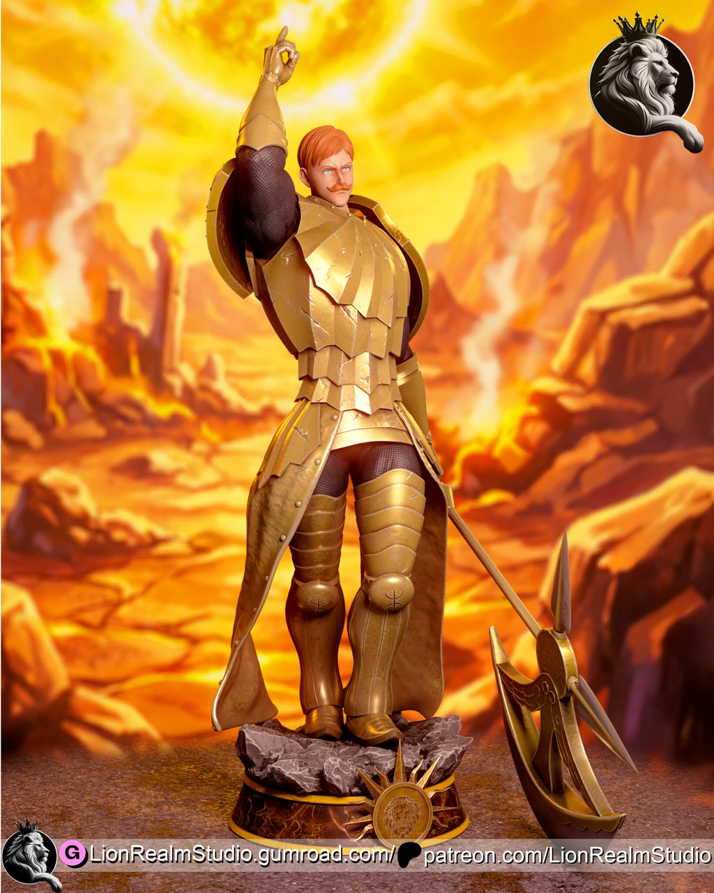 Sculptor's render (kit ships unpainted): front view with the axe standing beside the base