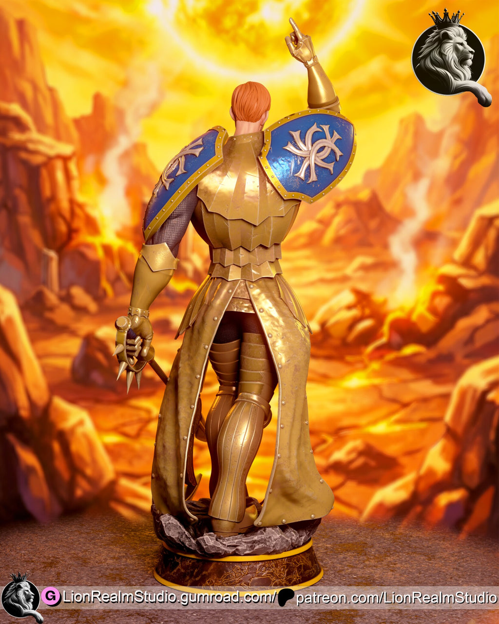 Sculptor's render (kit ships unpainted): rear view of the crested blue shoulder guards and the long riveted coat tails