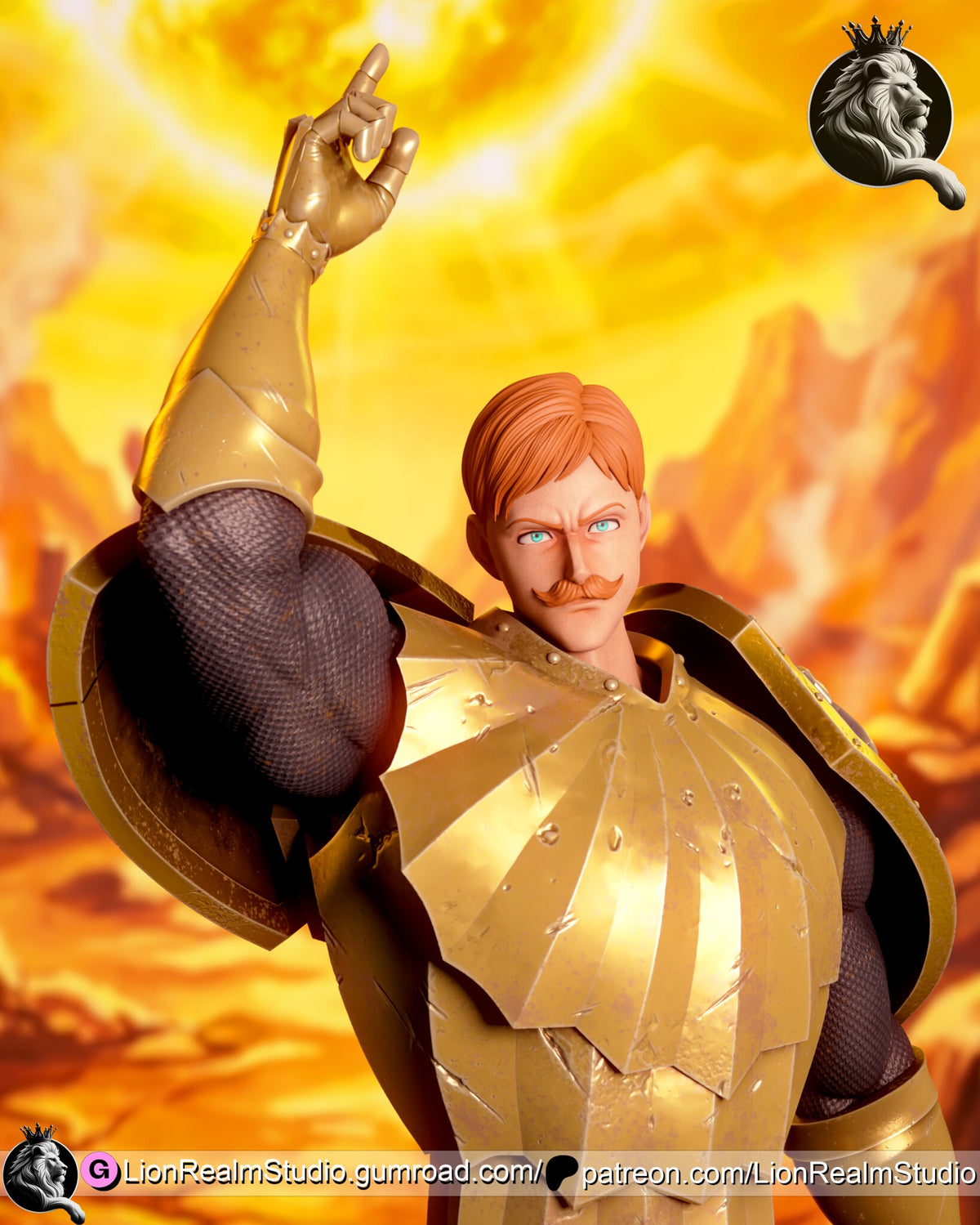 Sculptor's render (kit ships unpainted): close-up of the mustached face, the gold collar plates and the raised gauntlet